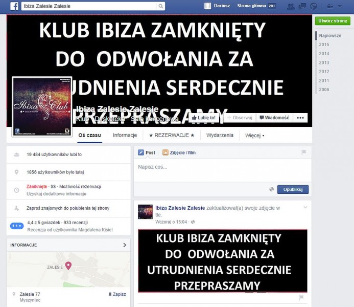 Screen skradzionego profilu Clubu Ibiza Zalesie1